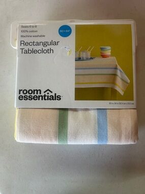 Room Essentials Striped Rectangular Tablecloth - Cream with Blue & Green Stripes